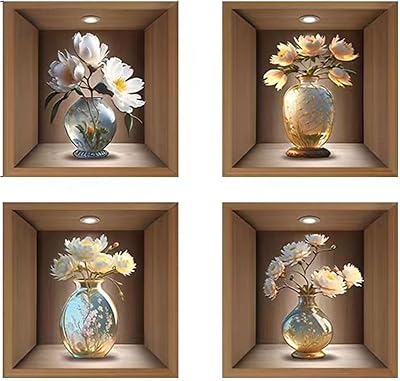 3D Vase Flower Wall Stickers Wall Decals Morden Art Magic Pictures Self Adhesive Art Decor for Aisle Entrance Bedroom Living Room Sofa Backdrop Yoga Room Wall Decor 12in