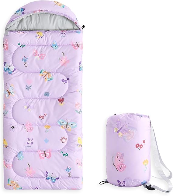 Wake In Cloud - Kids Sleeping Bag for Girls Toddlers, Camping in Warm Cold Weather, Backpacking Lightweight Compact Outdoor Liner for 3 Seasons, Butterfly Garden Flowers