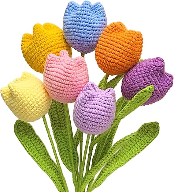 Emivery Crochet Flowers, 7PCS Fake Tulips Artificial Flowers Handmade Knitted Tulip Bouquet Crochet Flower Bouquet Table Centerpieces Gift for Women