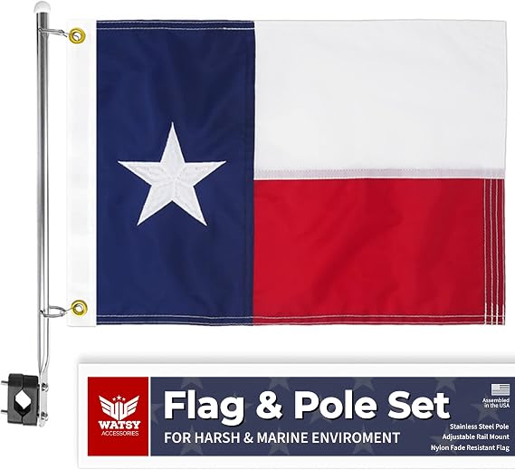 Boat Flag Pole Kit 12x18 TEXAS Embroidered Flag + Stainless Pole & Clips | Waterproof, Marine-Grade, High Wind-Resistant for Pontoon, Yacht, Deck Mount