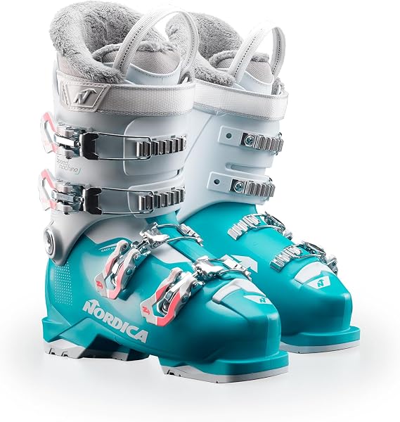 Nordica Junior Speedmachine J 4 Durable Comfortable Warm High-Performance All-Mountain Touring Ski Boots with 4 Buckles, Light Blue/White/Pink, 20