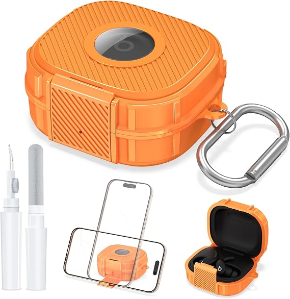 [Secure Lock] for Beats Powerbeats Fit Case with Phone Stand, Shockpoof Protective Skin Cover Case for Beats Powerbeats Fit Earbuds 2025 with Cleaner Kit & Keychain (Orange)
