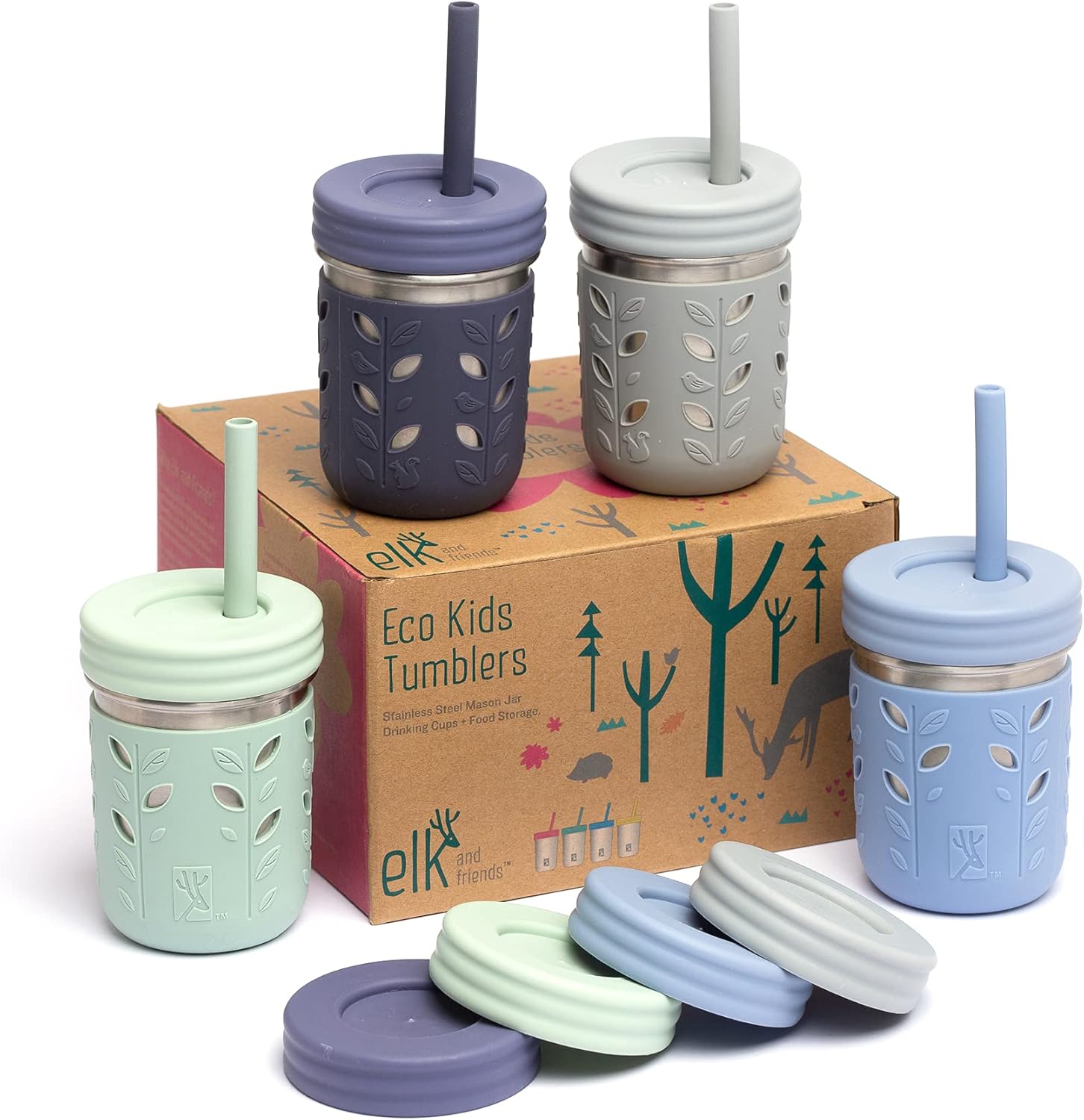 Elk and Friends Stainless Steel Cup Mason Jar 10oz Kids & Toddler Cups with Silicone Sleeves & Silicone Straws with Stopper Sippy Cups Leakproof Cups for Kids