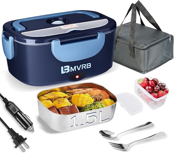 Electric Lunch Box for Adults, 80W Fast Heating 1.5L, Detachable Stainless Steel Food Warmer & Lunch Heater, 12V/24V/110V for Cars/Trucks/Work/Travel, Lonchera Electrica Portatil (Blue)