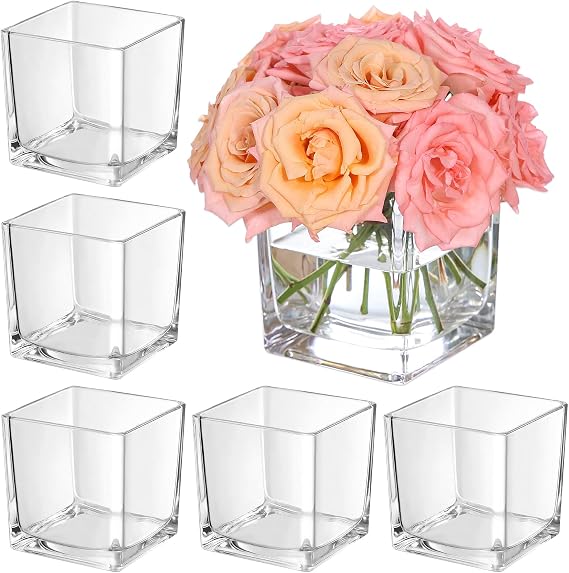 KEYWING 6 Pack Clear Square Glass Flower Vases for Centerpieces, 5"x5"x5"