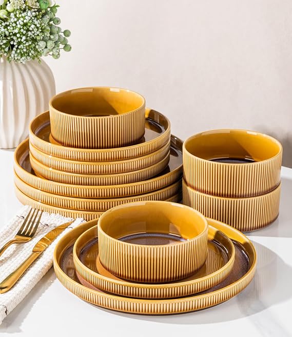 LERATIO Dinnerware sets for 4,12 Piece Stoneware Plates and Bowls sets