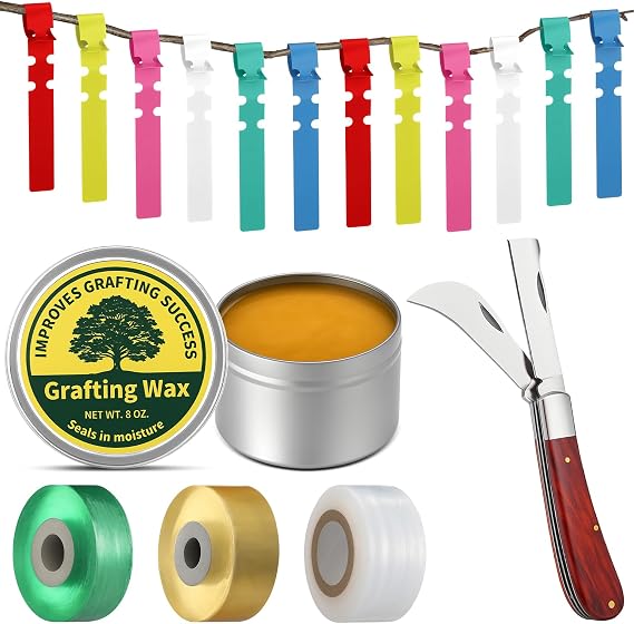 Grafting Kit 8 Oz Grafting Wax 2-5/8" Curved Straight Blades Garden Knife 3 Tape 12 Plant Labels for Successful Floral Fruit Tree