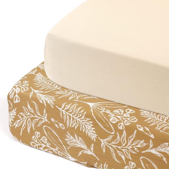 GRSSDER 100% Cotton Muslin Crib Sheet 2 Pack - Breathable & Ultra-Soft Fitted Crib Sheets for Standard Baby & Toddler Mattresses, 52"x28" with 9" Deep Pocket, Snug Fit All-Around Elastic