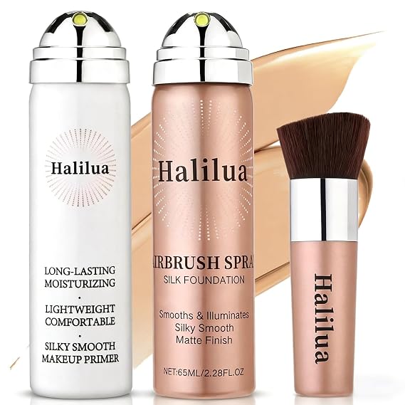 Airbrush Foundation Spray with Primer, Buildable Full Coverage Waterproof Foundation Makeup for Smooth Radiant Finish, Silk Air Brush Flawless Setting Spray for Flawless Finish (2Beige)