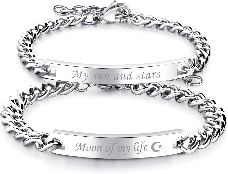 Cupimatch 2pcs His and Hers Couple Bracelets Set, Adjustable Titanium Stainless Steel Always & Forever Forever & Always Love Matching Bracelet Link Jewelry Set,Silver for Valentine's Day