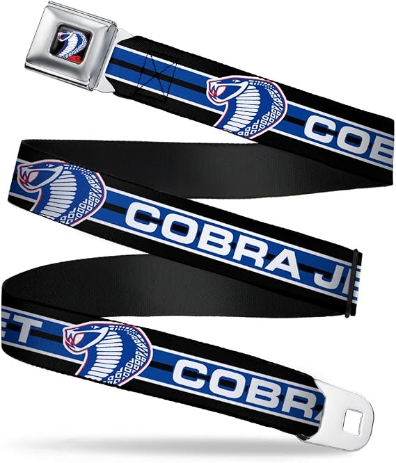 Ford Belt, Seatbelt Buckle Belt, Cobra Jet Cobra Head Stripe Black White Blue, 44 to 63 Inches