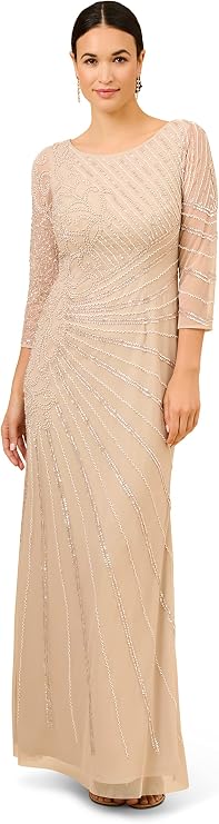 Adrianna Papell Long Sleeve Beaded Long Gown with Starburst Bead Pattern