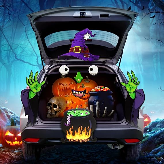 Halloween Monster Face Decorations Garage Door Archway Decorations Stickers with Eyes, Fangs, Spider leg, Car Party Decoration Halloween Trunk or