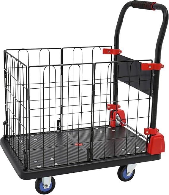 Platform Truck Cart with Removable Cage 4-in-1 Heavy Duty Push Cart Dolly Load 330LBS with Swivel Casters, Multipurpose Platform Hand Truck Dolly for Grocery/Stall/Storage