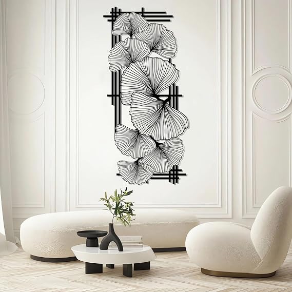 Ginkgo Leaf Metal Wall Art, Large Ginkgo Leaves Metal Wall Decor with Frame, Minimalist Ginkgo Leaf Wall Art, Modern Floral Wall Sculpture for Living Room, Dining Room (Black, 30"x14"/76x37cm)