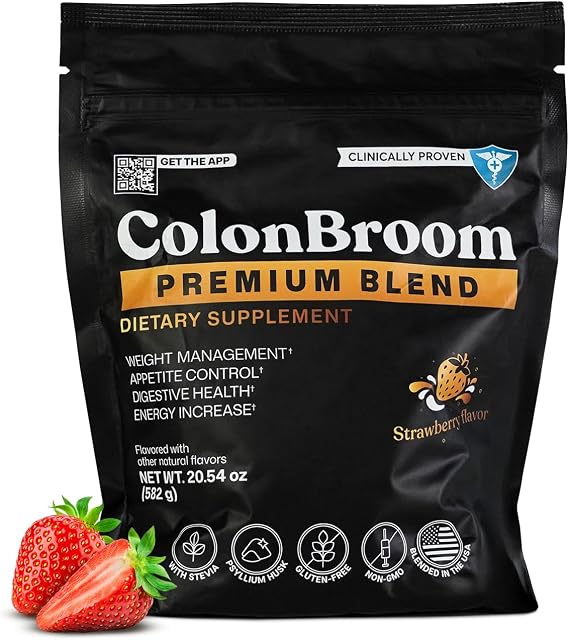 ColonBroom Premium Psyllium Husk Fiber Powder, Strawberry, 90 Servings