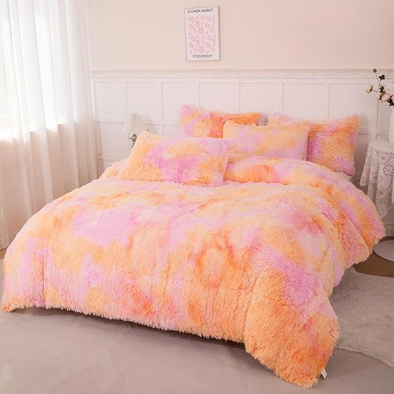PERFEMET Orange Faux Fur Plush Comforter Set Full Size 3 Pieces Colorful Fluffy Tie Dye Girls Bedding Set Ultra Soft Warm Velvet Furry Fuzzy Bed Comforter(Orange Pink, Full)