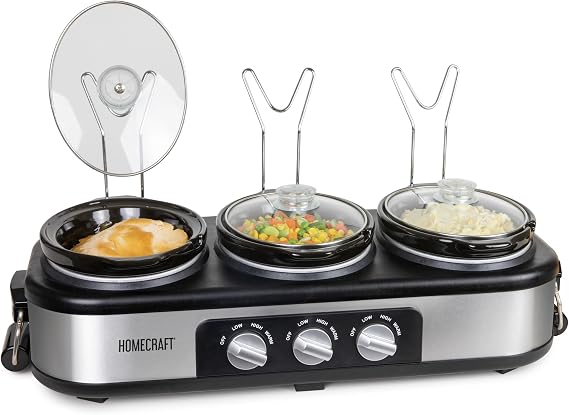 HomeCraft HCTSC15SS Stainless Steel 3-Station 1.5-Quart Oval Slow Cooker Buffet, with Lid & Spoon Rest, Adjustable Heat Control, Perfect for Parties, Holidays, Families