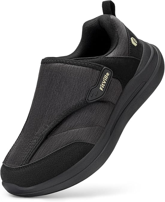 FitVille Men's Extra Wide Health Shoes with Fastening Adjustable Bandage Shoes for Sensitive Feet Seniors Slippers Comfortable Cushioning Walking Shoes