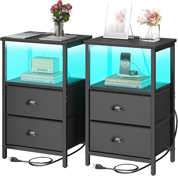 sthmec Nightstand with Charging Station, LED Night Stand Set 2, Bedside Table End Table Set of 2, Bedroom Table with 2 Fabric Drawers PU Finish, 3-Tier Storage Side Table for Bedroom,Black