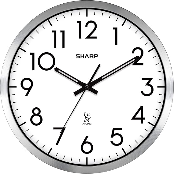 Sharp 12-Inch Atomic Wall Clock, Battery Operated, Silver Brushed Finish
