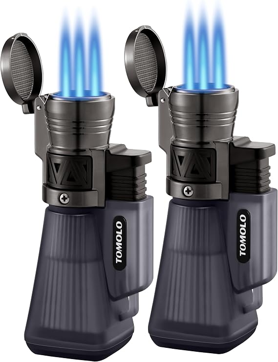 TOMOLO Torch Lighter 2 Pack, Refillable Butane Lighter with 3 Jet Torch Adjustable Windproof Flame (Without Fuel)(Black)
