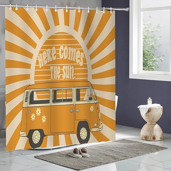 72x72 Hippie Retro Sun Sunshine Shower Curtain, Boho Vintage Bathroom Decor | Waterproof Polyester Shower Curtain, Hippie Retro Van Printed With Here  The Sun, Sun Sunshine Graphic Bathroom Decor