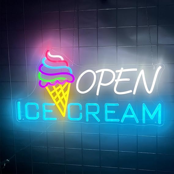 Ice Cream Sign 22.4x11'' Ice Cream Open Shop Neon Signs USB Powered Bar Sign Light Open for Snacks Business Store Cafe Drink Shop Decor Adjust Brightness