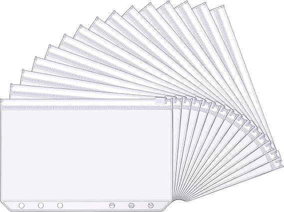 Yaomiao 15 Packs A6 Binder Pockets 6 Holes Budget Cash Envelopes Clear Zipper Folders Loose Leaf Bags Waterproof PVC Document Pouch Filing Bags Loose Leaf Bags for 6 Ring Binder