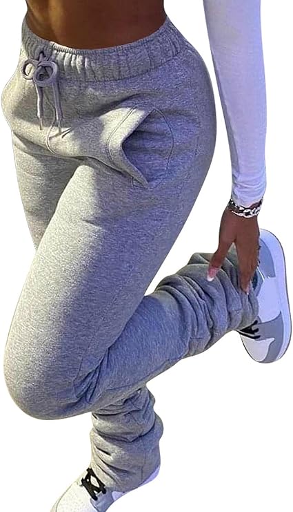Famnbro Women Stacked Sweatpants Fleece Lined Pants Ruched Joggers