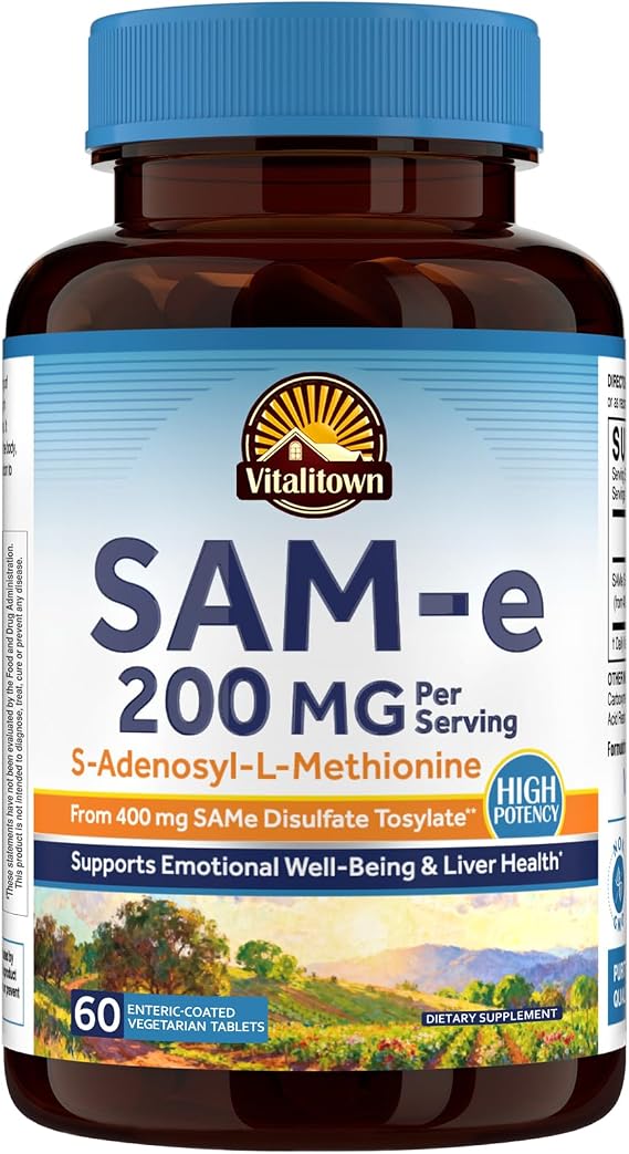 Vitalitown SAM-e (S-Adenosyl-L-Methionine) 200mg Per Serving, High Strength, Biologically Active Form, for Liver and Mood Support, 60 Enteric-Coated Vegetarian Tablets