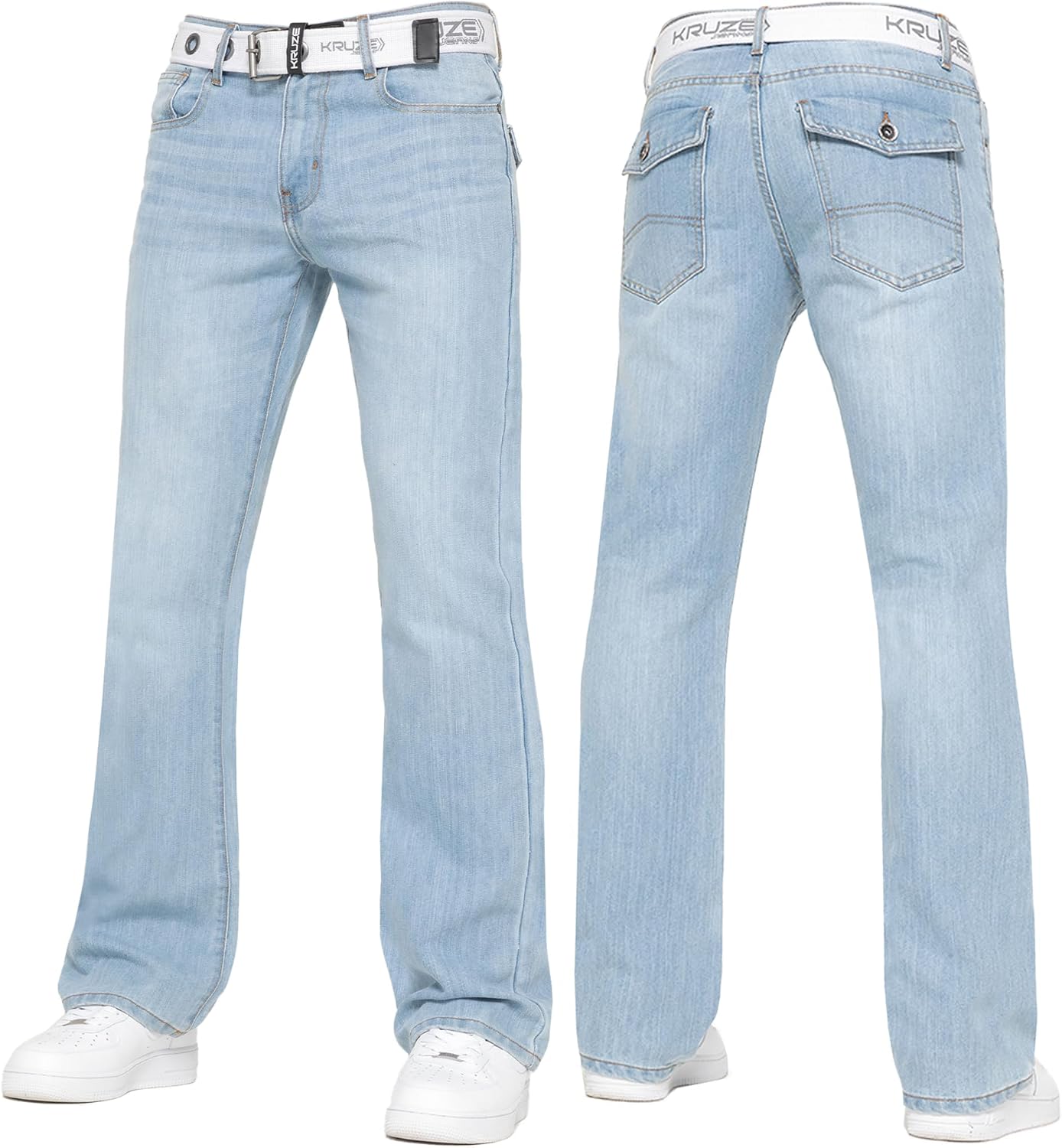 BRAND KRUZE Mens Bootcut Jeans Casual Flared Wide Leg Free Belt Stylish Fashion Denim Trouser Pants