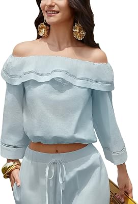 stylewe Linen Shirts for Women Off The Shoulder Ruffle Neck Hollow Out Tops 34 Sleeve Elastic Hem Loose Fit Casual Blouse