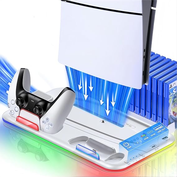PS5 Stand Cooling Stand for PS5/PS5 Slim/PS5 Pro PS 5 Stand with 3 Levels Fan/RGB Dual PS5 Controller Charging Station/Headset Holder/USB Port/15 Game Slots PS5 Accessories White