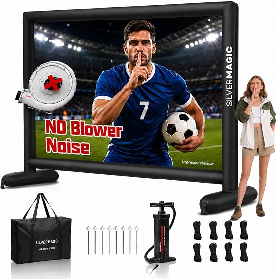 Silent Inflatable Projector Screen I Air-Tight No-Blower Design, Black Backing, 100 inch (Equivalent to 14ft) for Indoor & Outdoor Use Backyard, Pool, Party, Camping, Church by Silvermagic