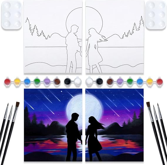 VOCHIC Couples Paint Party Kit Pre Drawn Canvas for Painting for Adults Paint and Sip Date Night Games Valentine's Day 2 Pack Meteor Shower Girl Boy 8x10 Inches