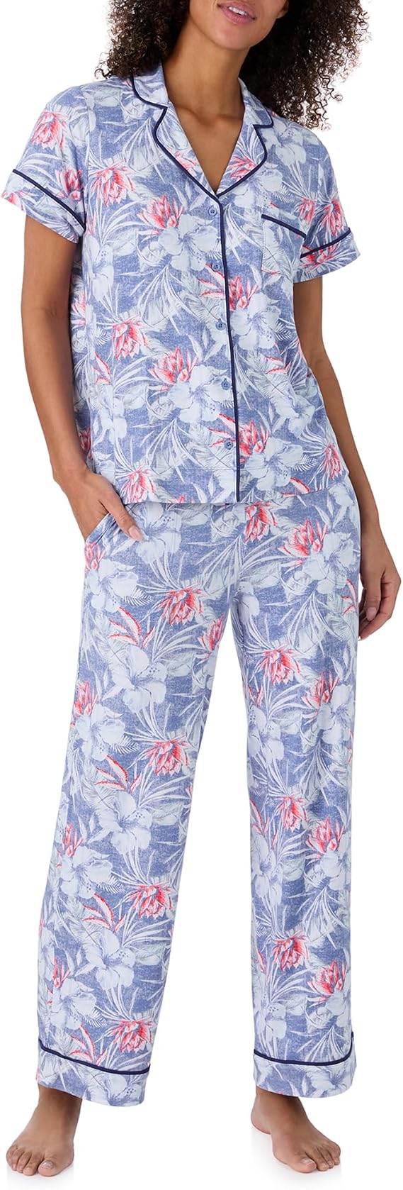 Tommy Bahama - Women's Pajama Set, Short Sleeve Notch Collar Button Down Top with Long Pants for Sleep or Lounge