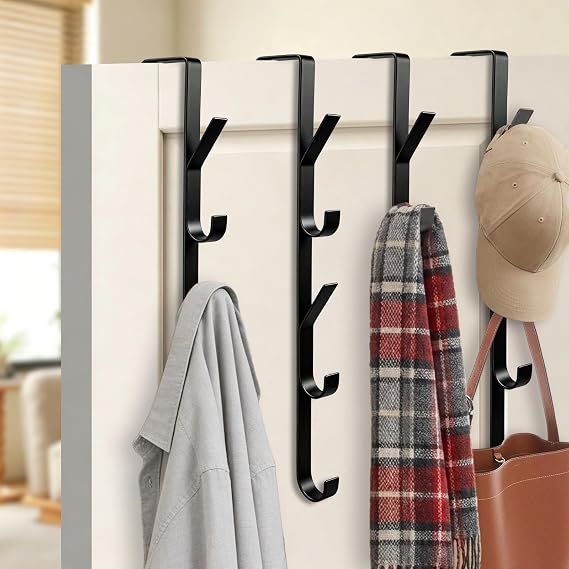 Over Door Hooks, 4 PCS 5Hooks Over Door Hanger, Vertical Overdoor Hook Hanger, No Punching, Heavy Duty Metal Door Hangers for Clothes, Coats, Towel, Hats, Bags, Space Saving (Black)