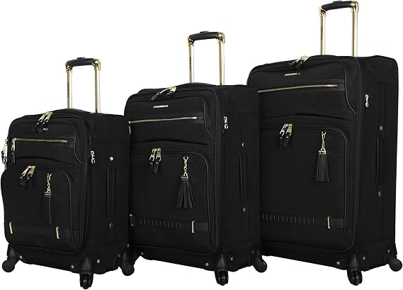 Steve Madden Designer Luggage Collection - 3 Piece Softside Expandable Lightweight Spinner Suitcase Set - Travel Set includes 20 Inch Carry on, 24 Inch & 28-Inch Checked Suitcases (Black Grey)