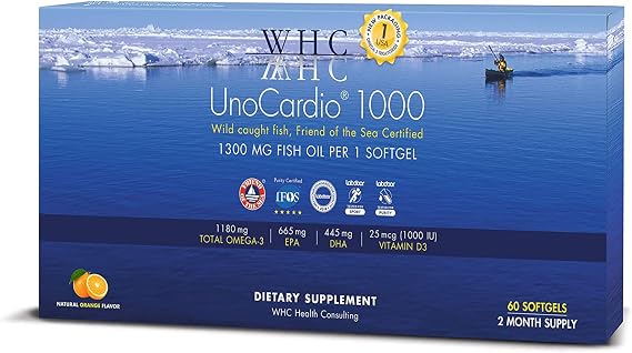 WHC UnoCardio 1000 Omega-3 Fish Oil, 1180mg EPA/DHA + D3, 60 Ct | True rTG triglyceride form, no fishy aftertaste, 1 softgel daily. Supports bone & immune health. Natural Orange, 60 ct