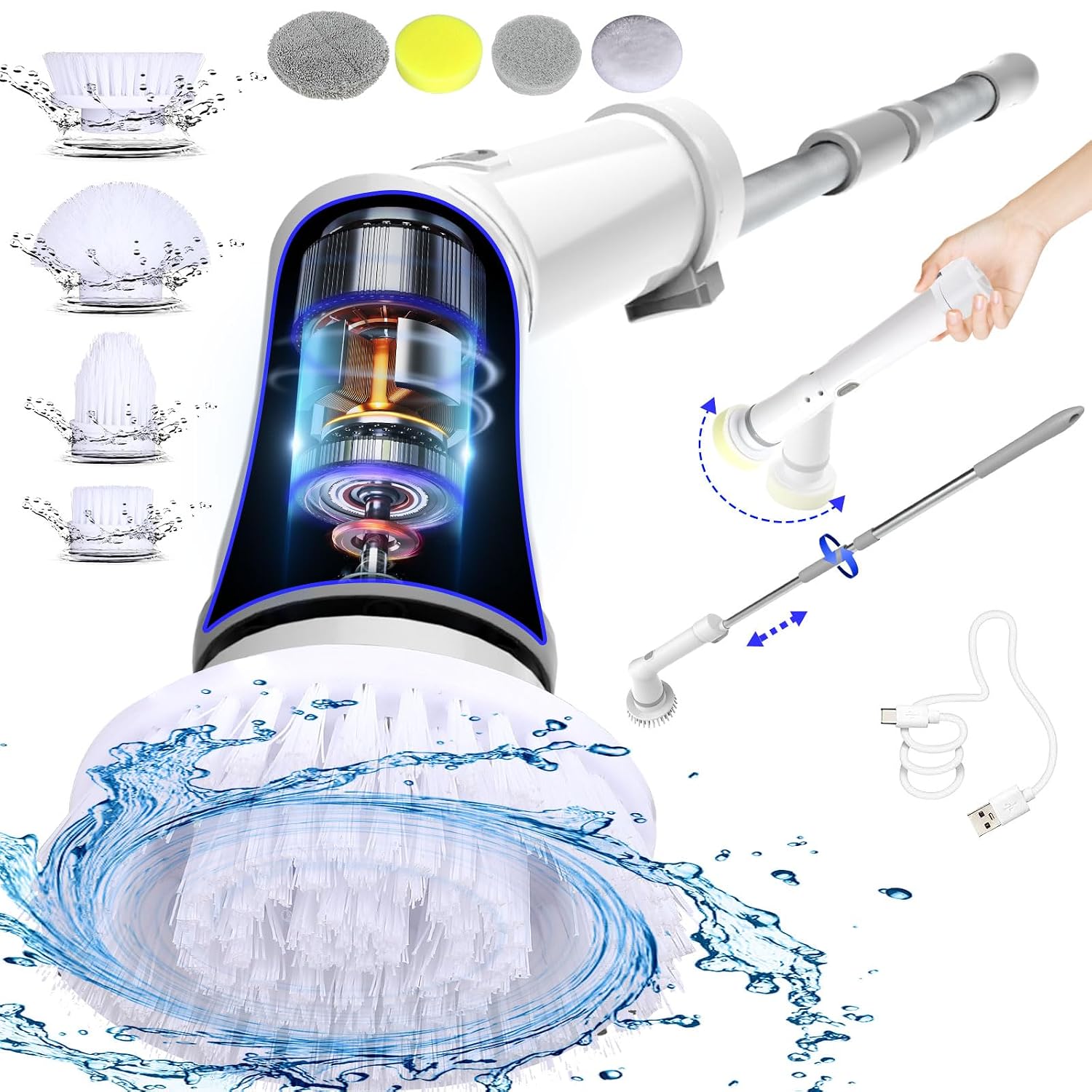 UBeesize Electric Spin Scrubber,Long Cordless Cleaning Brush,Rotatable Shower Scrubber with 8 Replaceable Heads,Adjustable Detachable Handle Bathroom Scrubber for Bathtub,Tile,Floor and Car Cleaning