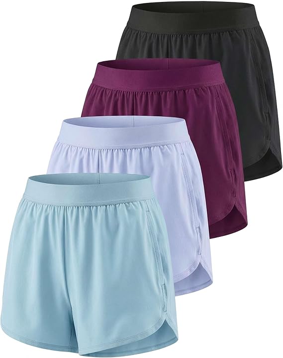 Real Essentials 4 Pack: Women's 3" Dry-Fit Dolphin Running Shorts with Pockets-Athletic Gym Workout Basketball Sports Shorts