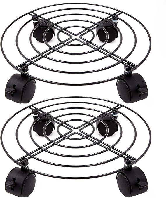 KINJOEK 2 Packs 10.6 In Metal Plant Stand with Wheels, Load Max 110Lbs Round Flower Pot Plant Caddy Outdoor with 360 Rolling Casters for Indoor, Home, Garden, Black