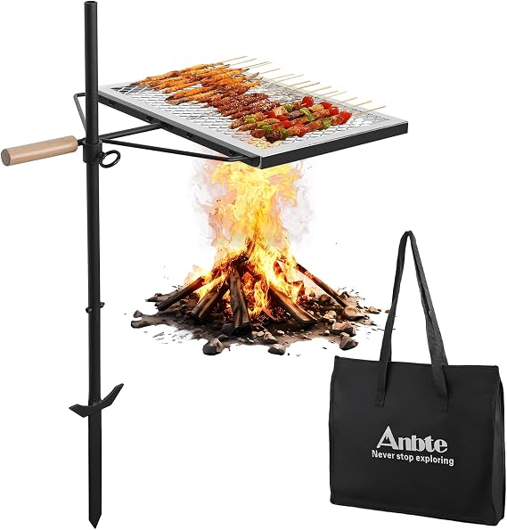 Anbte 35" Swivel Campfire Grill Grate, 360 Adjustable Heavy Duty Chrome-Plated Steel Fire Pit Grill with Carry Bag, Portable for Camping Backyard Outdoor BBQ Cooking Open Fire