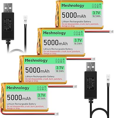 4PCS 3.7V 5000mAh Li Battery 105080 with PH 2.0 USB Charger Cable 1S LiPo Battery with Protection Board Insulated Rubber Tape for Arduino ESP32 Module Board Drone RC Car