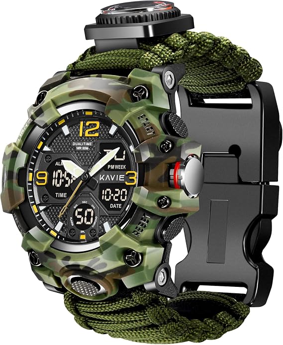 23-in-1 Survival Military Digital Watch, Mens Tactical Multi-Functional and Adjustable Wristband Outdoors Waterproof Sports Dual Dial Watches with Compass Paracord Band
