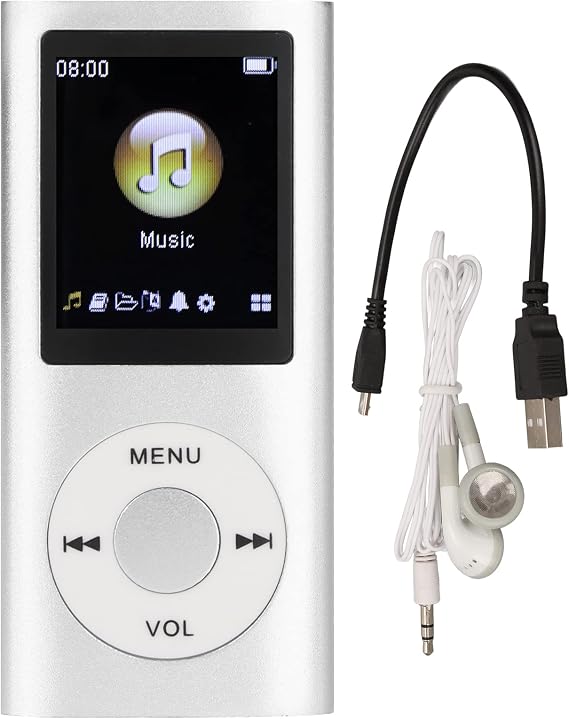 MP3 Player, Player with 1.8in LCD Screen Mini USB Port, Slim Classic Digital Voice Recorder with FM Radio, Speaker Lossless Sound, Supports Up to 64GB, Earphones Included (Silver)