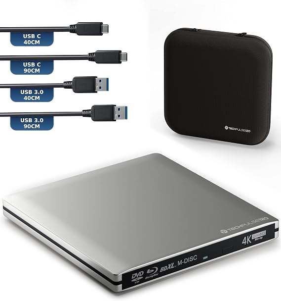 techPulse120 Externes USB 3.1 USB-C UHD 4k 3D M-DISC Blu-ray DVD CD BDXL HDR10 128GB Laufwerk Brenner Burner Superdrive BD Imperator Paket Tasche 90cm Anschlusskabel Aluminium Silber