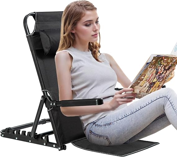 Adjustable Bed Backrest Floor Chair Black Large with Armrests | Folding Design, 6-7 Position Recline, Removable Neck Pillow, 280 lbs Capacity for Reading, Elderly & Patient Care