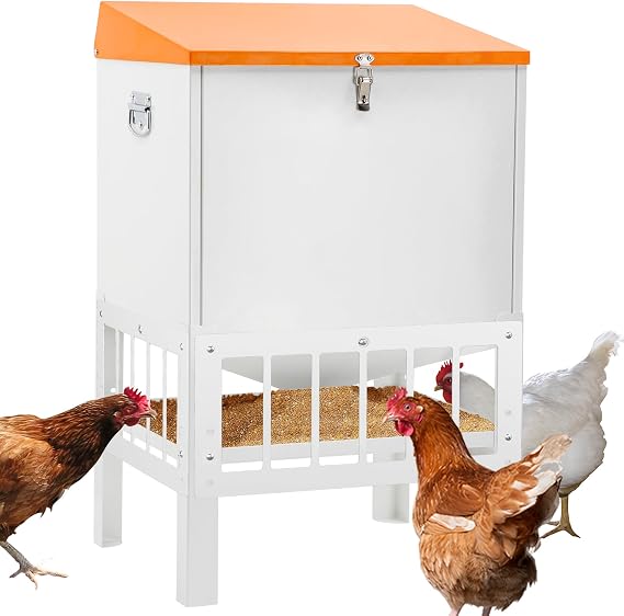 Chicken Feeder with Grille, 85LBS No Waste Chicken Feeder with 22 Ports, Powder-Coated Steel Feeder w/Waterproof Lid and Stainless Handles, 18L x 15.1W x 29.5H